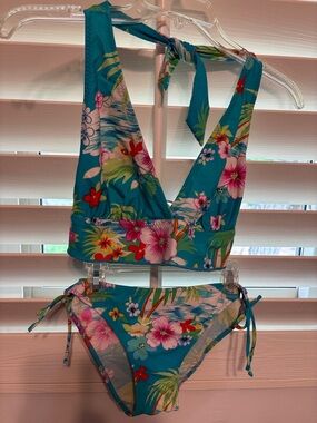 California Waves Teal Floral Halter Bikini SZ LG